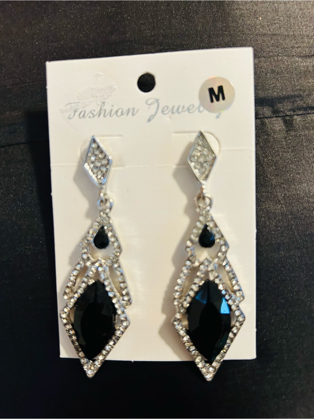 Fashion Jewelry Silver-Tone Black Crystal Drop Earrings